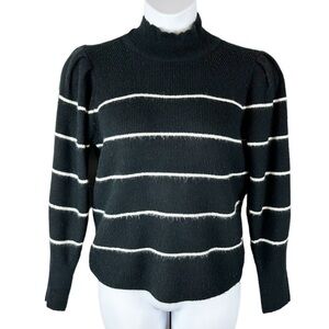 Cece Mock Neck Black and White Stripe Puff Flounce Sleeve Sweater Size Medium